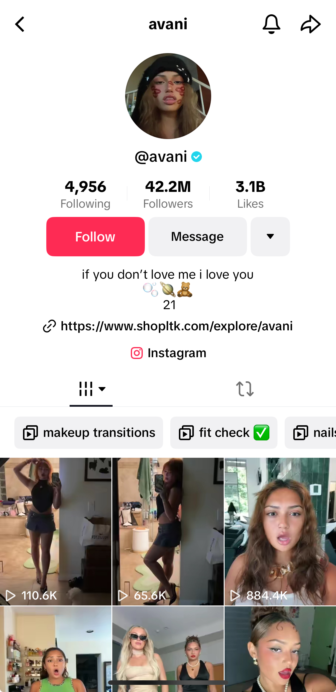 Avani Gregg's TikTok profile.