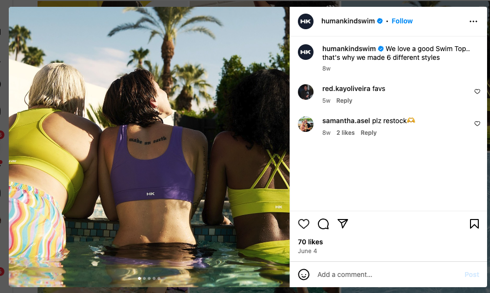 An Instagram post from inclusive swimwear and apparel company Humankind, showing models of different sizes and skin tones in their swim tops.
