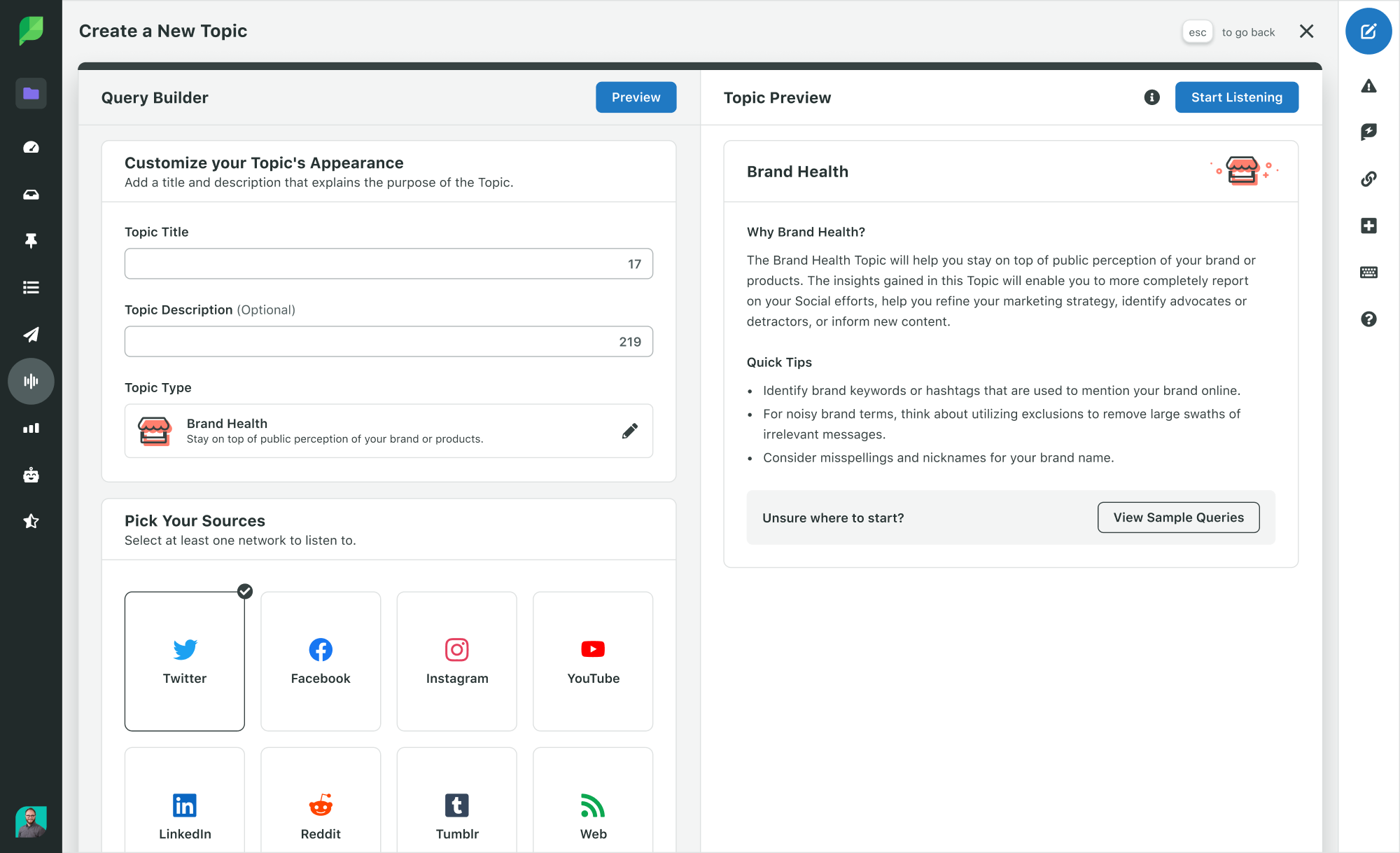 Sprout Social's query builder displaying how to track topics