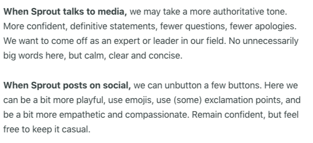 excerpt showing difference between sprout voice for media releases versus social
