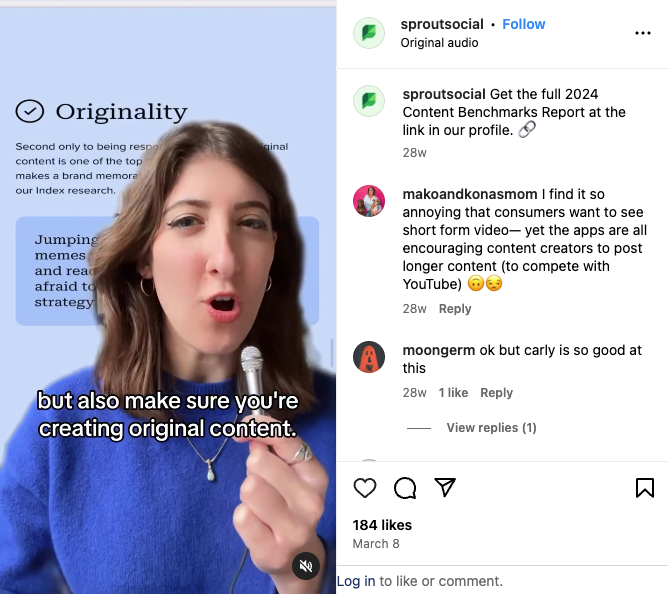 Instagram post from Sprout Social featuring one of their social media strategists talking about Sprout's Content Benchmarks Report
