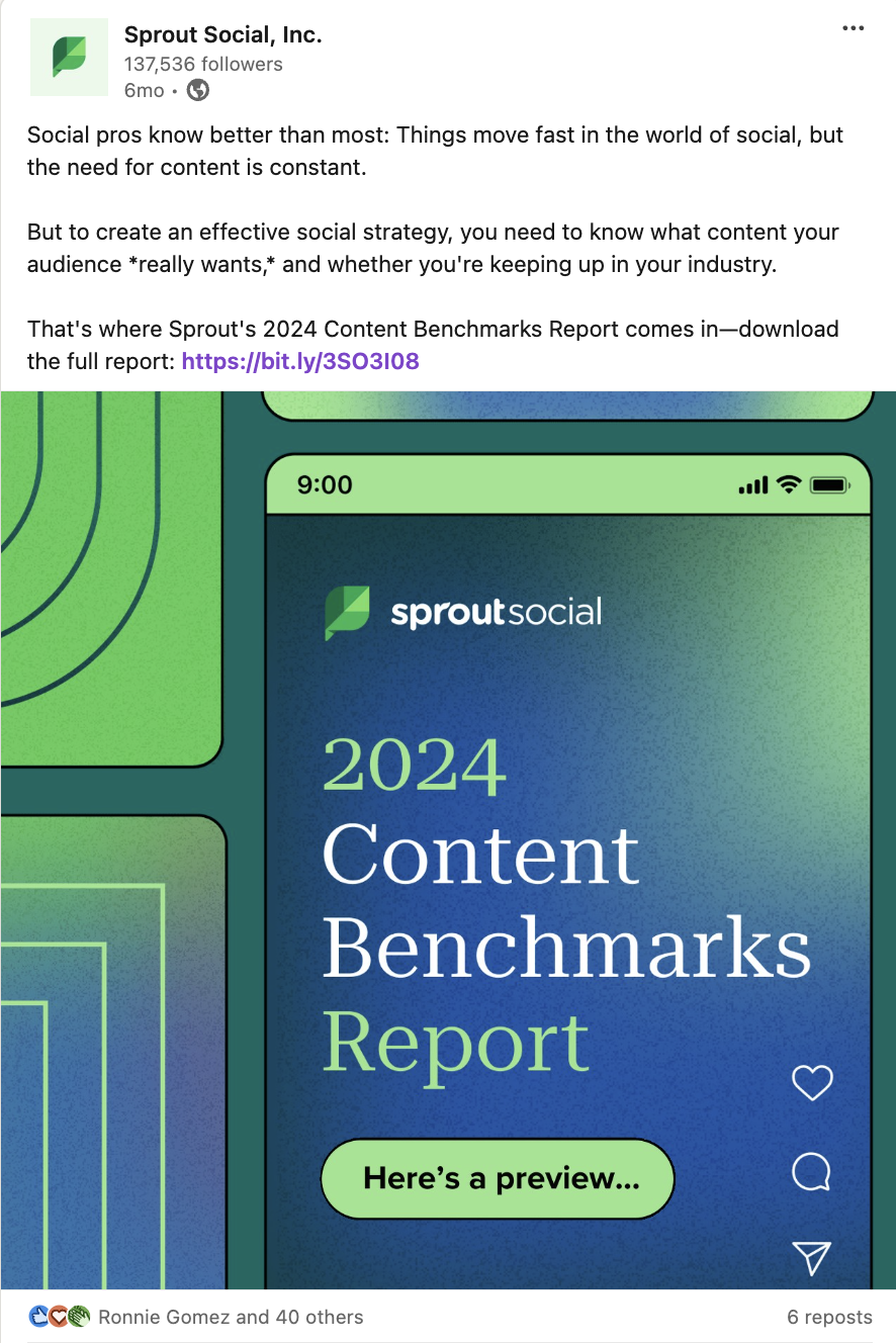 A LinkedIn post from Sprout Social sharing their latest Content Benchmarks Report