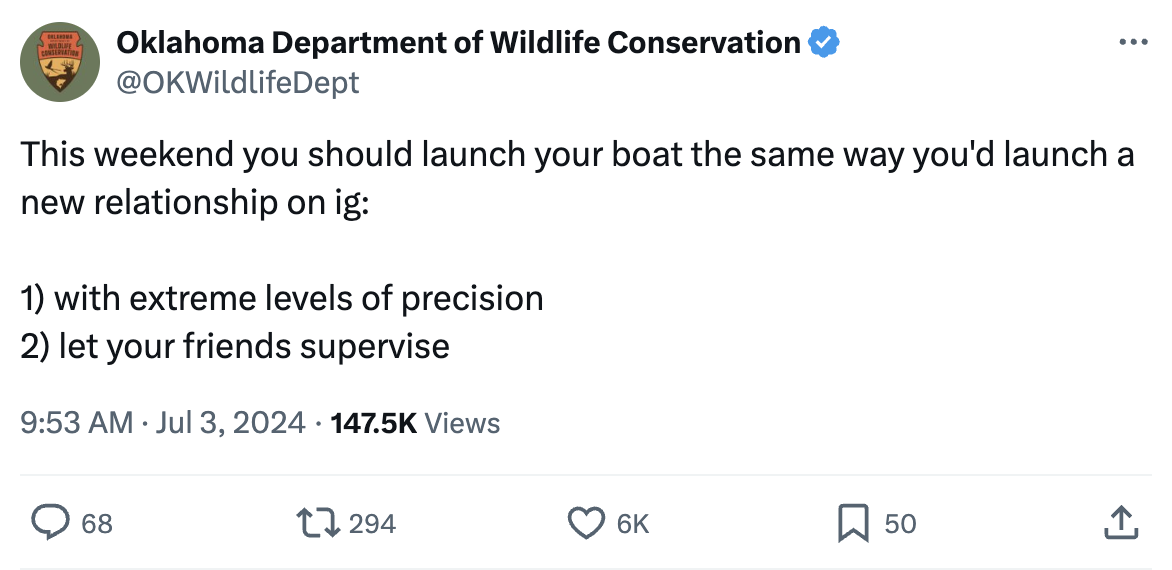 X post from Oklahoma Department of Wildlife Conservation sharing humorous tips for weekend boating
