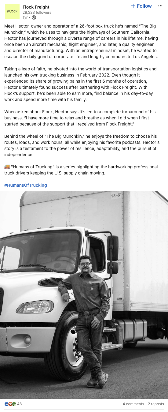A LinkedIn post from Flock Freight telling the story of one of its drivers in a long-form post.