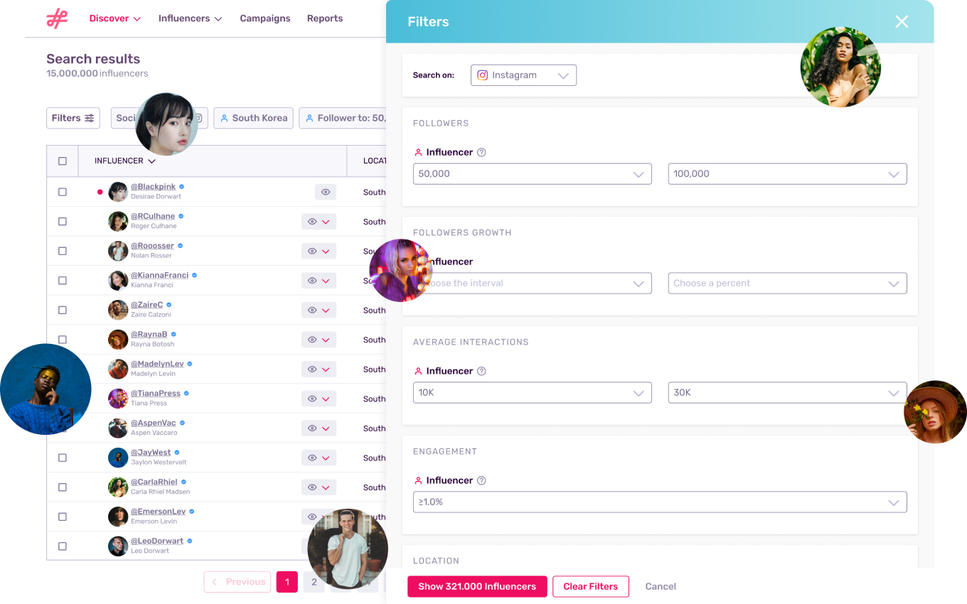 Influencity influencer search page showing a list of search results and a side panel with the option to select filters