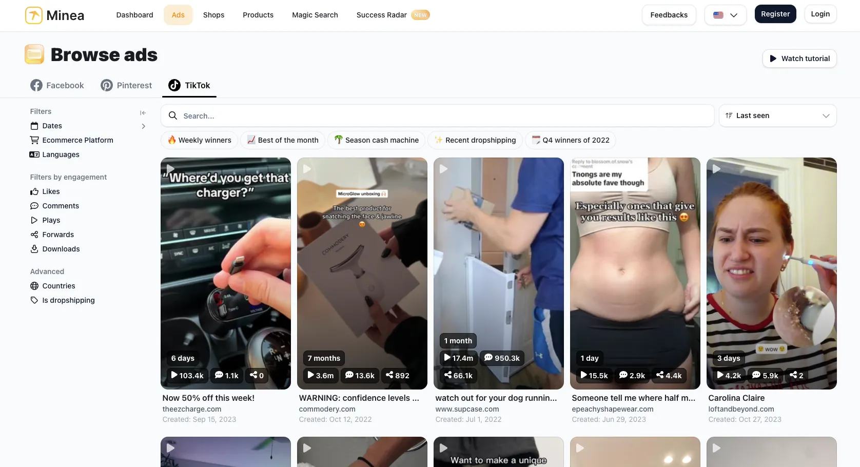 Minea dashboard showing several top ads on TikTok