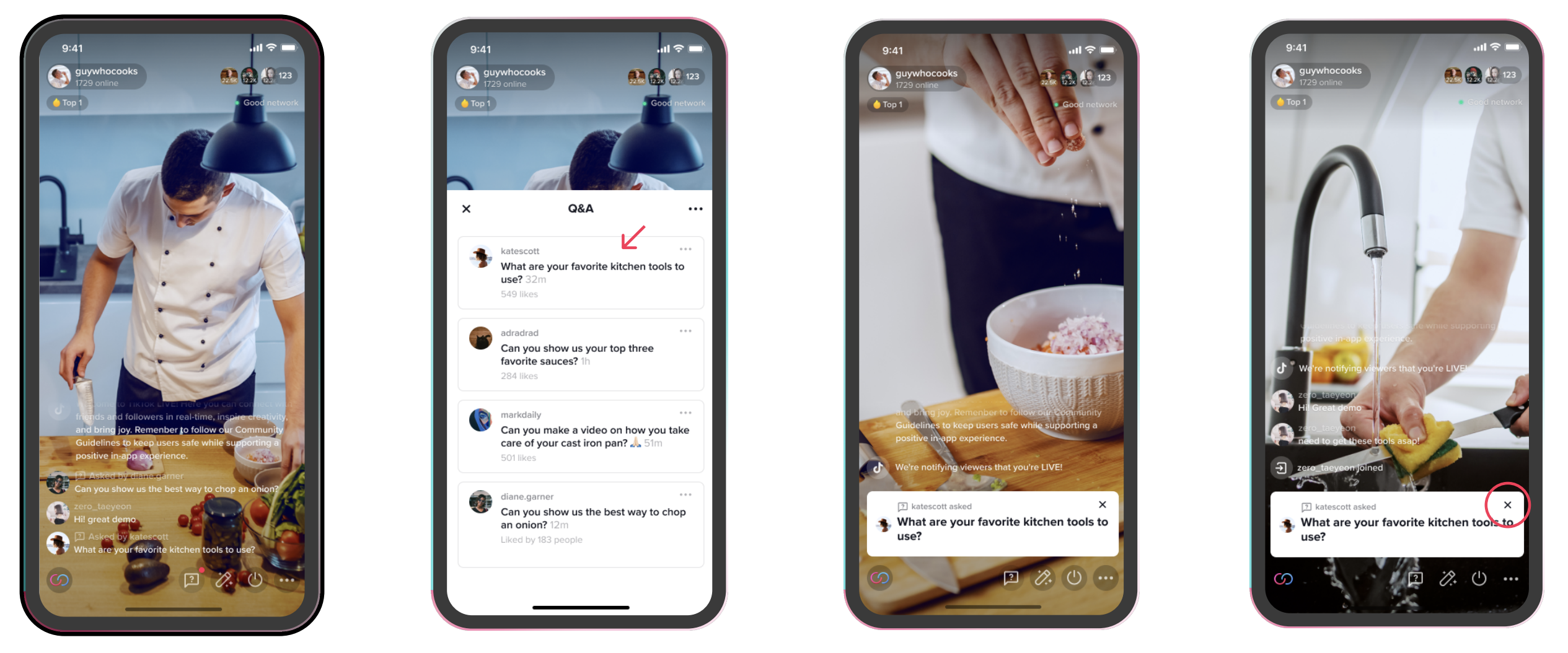 sample TikTok live broadcast with a man in a chef's uniform working on a table and an expanded view of the Q&A section