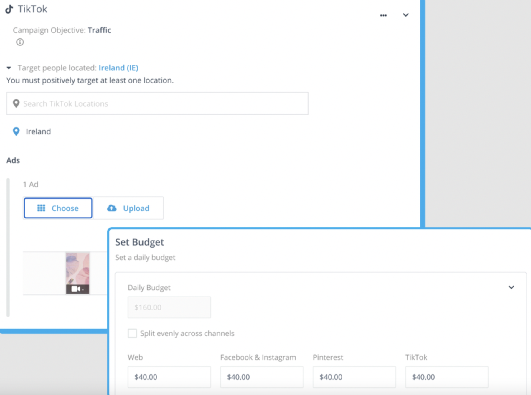 AdRoll platform with window to set budgets and campaign objectives on TikTok