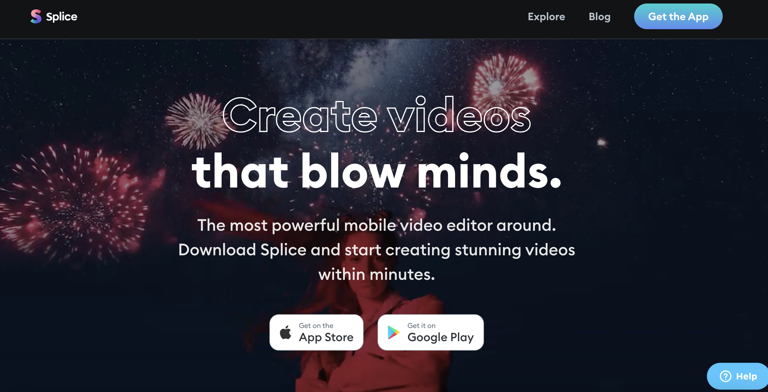 Splice homepage showing a background with a person standing against a backdrop of fireworks and overlay text that reads 