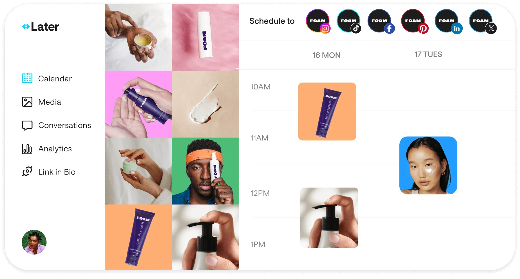 Later social media calendar showing a few sample posts and scheduled across various times of day
