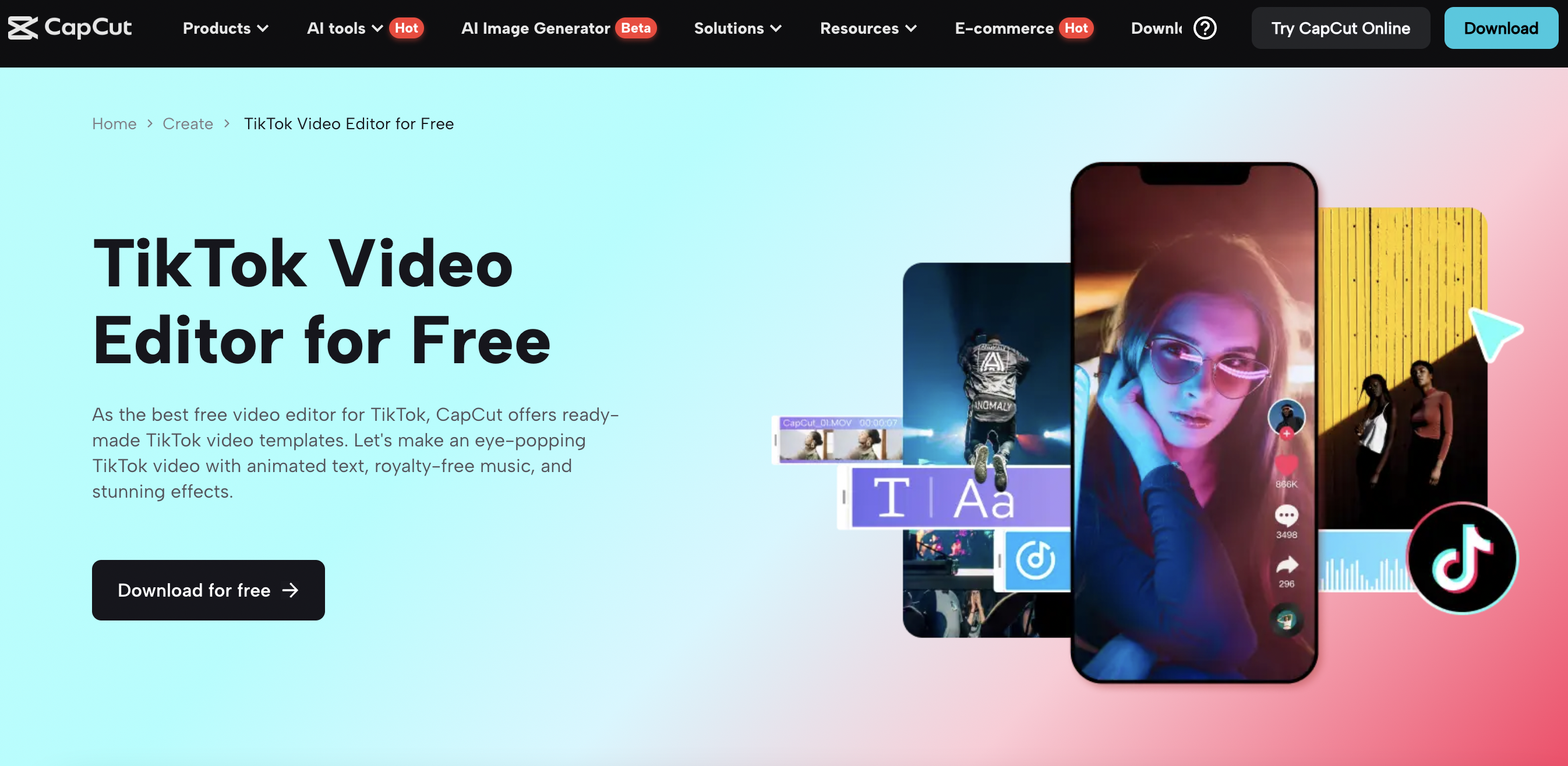 CapCut homepage showing text that reads 