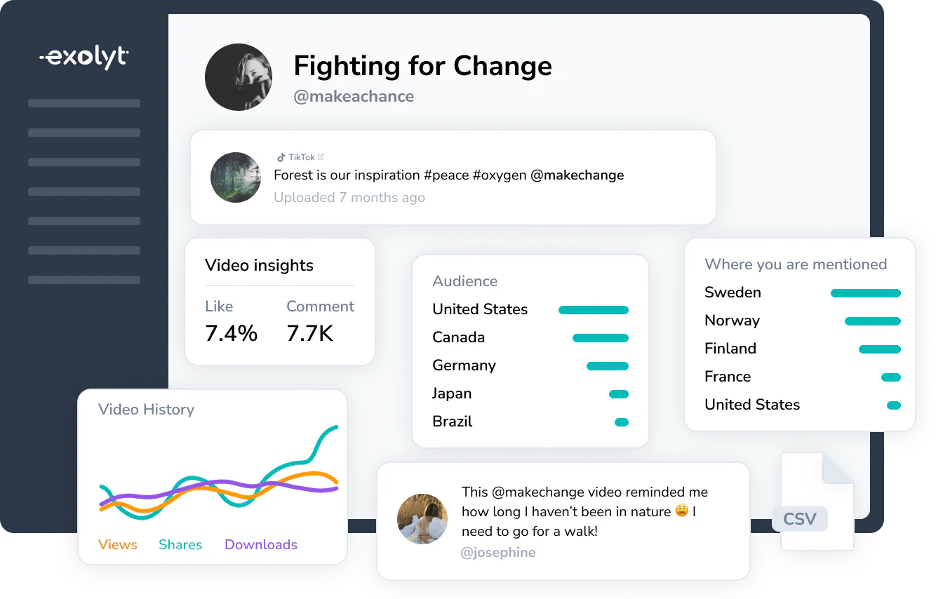 exolyt dashboard showing the video insights, video history, audience locations and brand mention locations