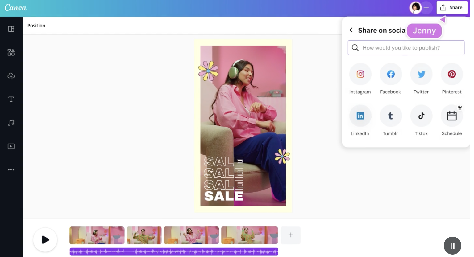 Canva editing dashboard showing an ongoing project with a woman wearing a pink shirt sitting in front of a pink wallpaper and overlay text that reads 