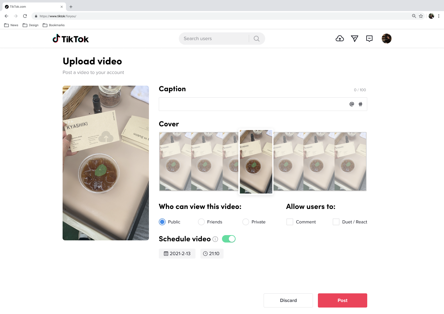 TikTok video upload page on the web app showing a sample video and video upload settings including and the 