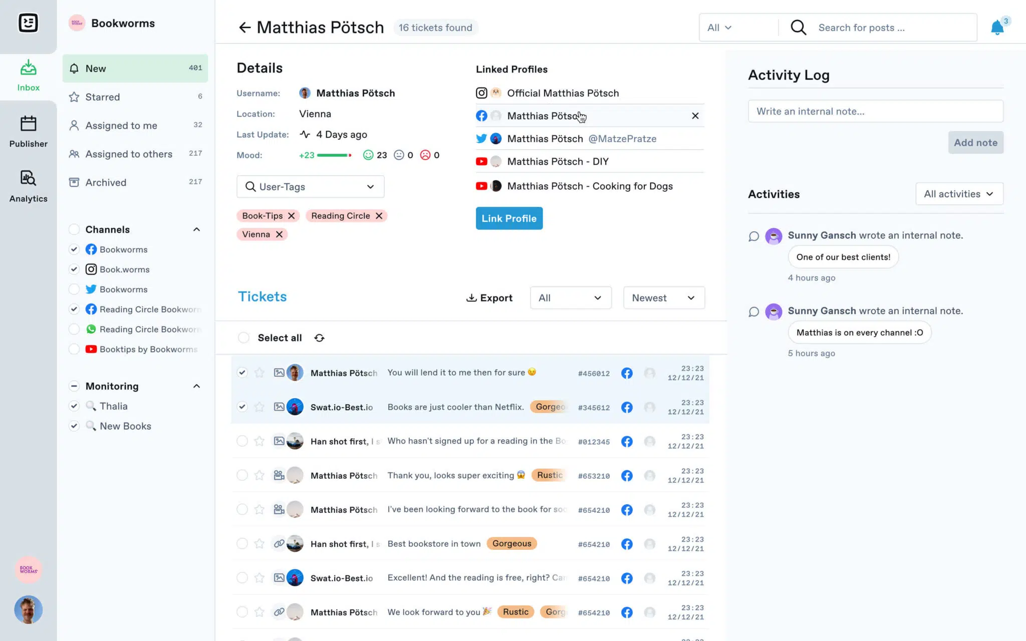 Swat.io dashboard showing a list of messages and tools to manage them