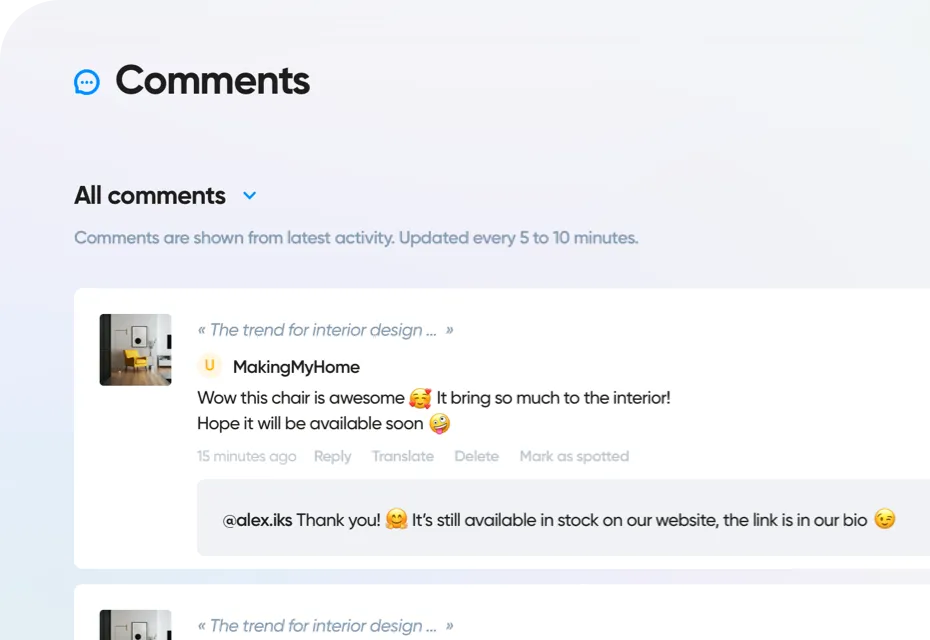 Iconosquare dashboard showing a close-up view of a comment