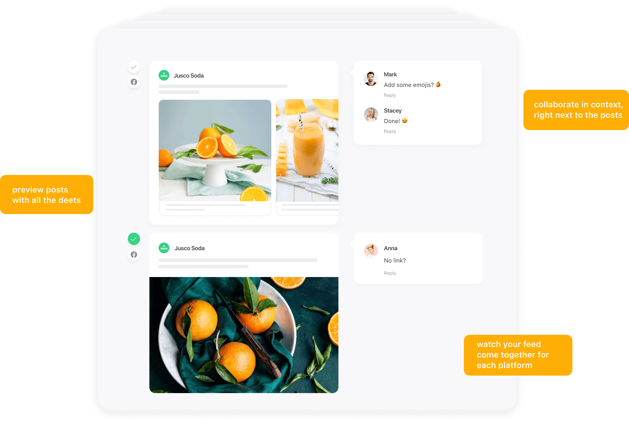 Planable workspace showing two posts featuring oranges and comments from team members