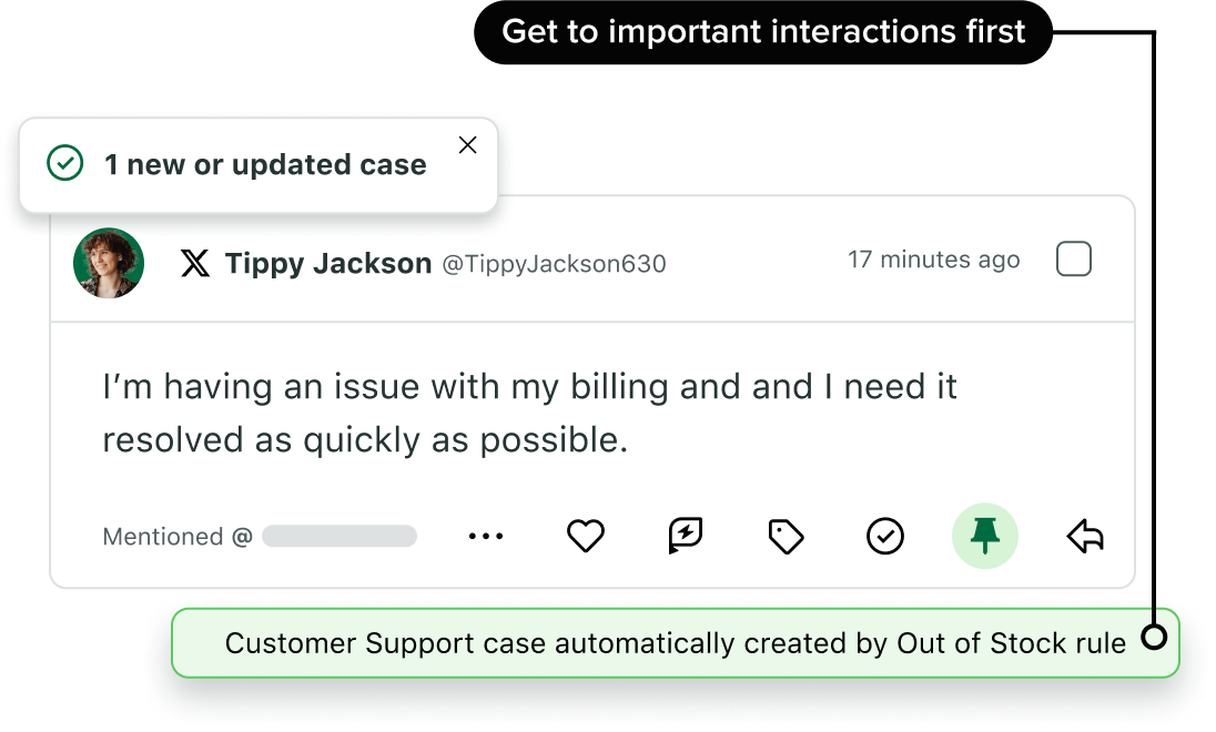 A case open in Sprout Social. A customer reached out via X about a billing issue, and Sprout automatically created a customer support case based on an automated rule. 