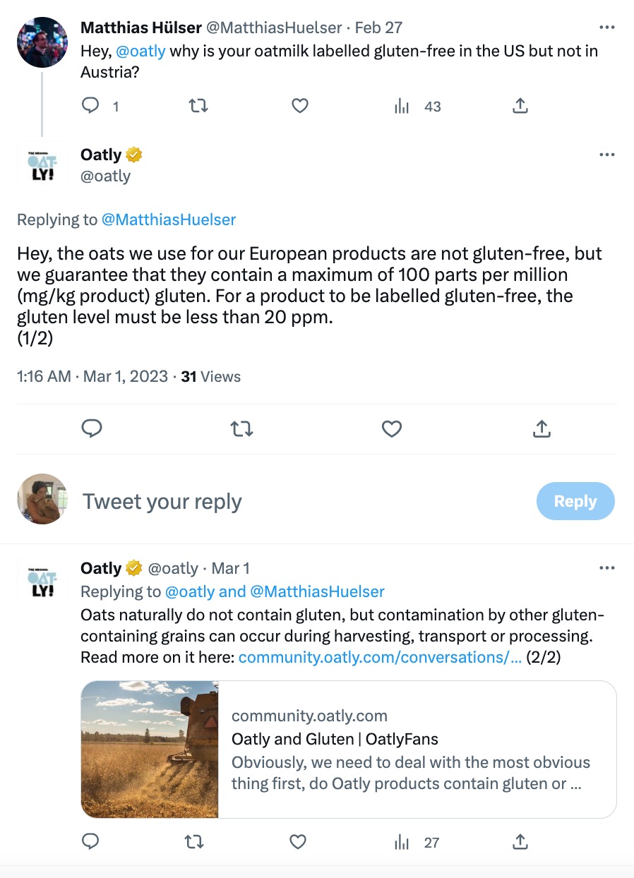 An X post from Oatly (@oatly), replying to a question regarding why their oat milk is labeled gluten-free in the U.S. but not in Australia. Their response indicates that the oats used for their European products are not gluten-free but contain a maximum of 100 parts per million (mg/kg product) gluten. For gluten-free labeling, the gluten level must be under 20 ppm.