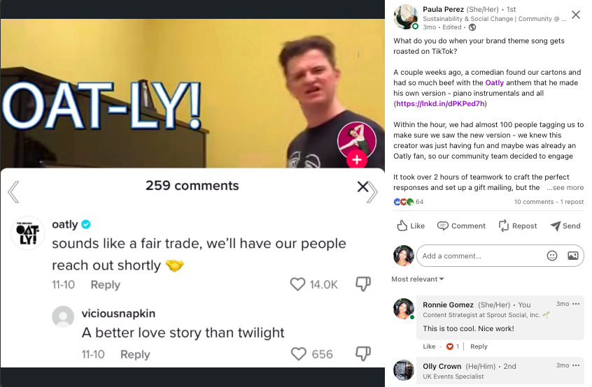 A post from Paula Perez’s LinkedIn page detailing a playful engagement with a TikTok roast of their theme song.