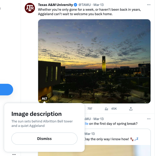 An X post from Texas A&M University Twitter account (@TAMU), welcoming back Aggies.