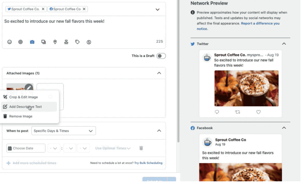 Sprout Social's compose window highlighting accessibility features for content creation.
