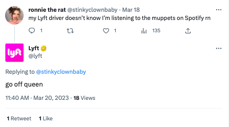 A Tweet from @stinkyclownbaby mentioning their Lyft experience, to which Lyft responds humorously.