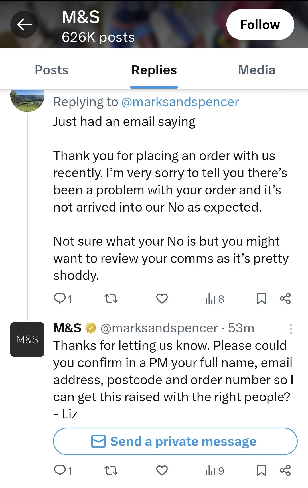 Marks and Spenser respond to issue from customer about an email they received asking the customer to DM with more details.