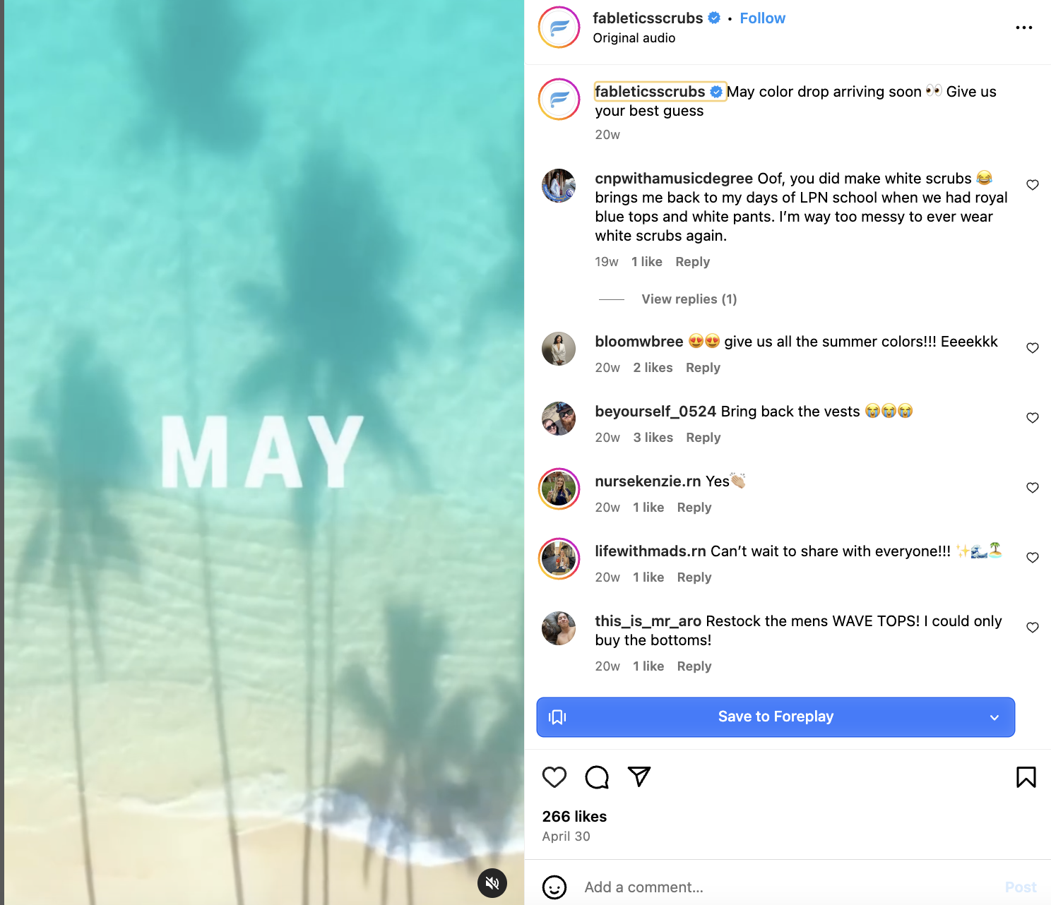 An Instagram post from Fabletics Scrubs featuring the shadow of palm trees against turquoise waters, with a text overlay that states 