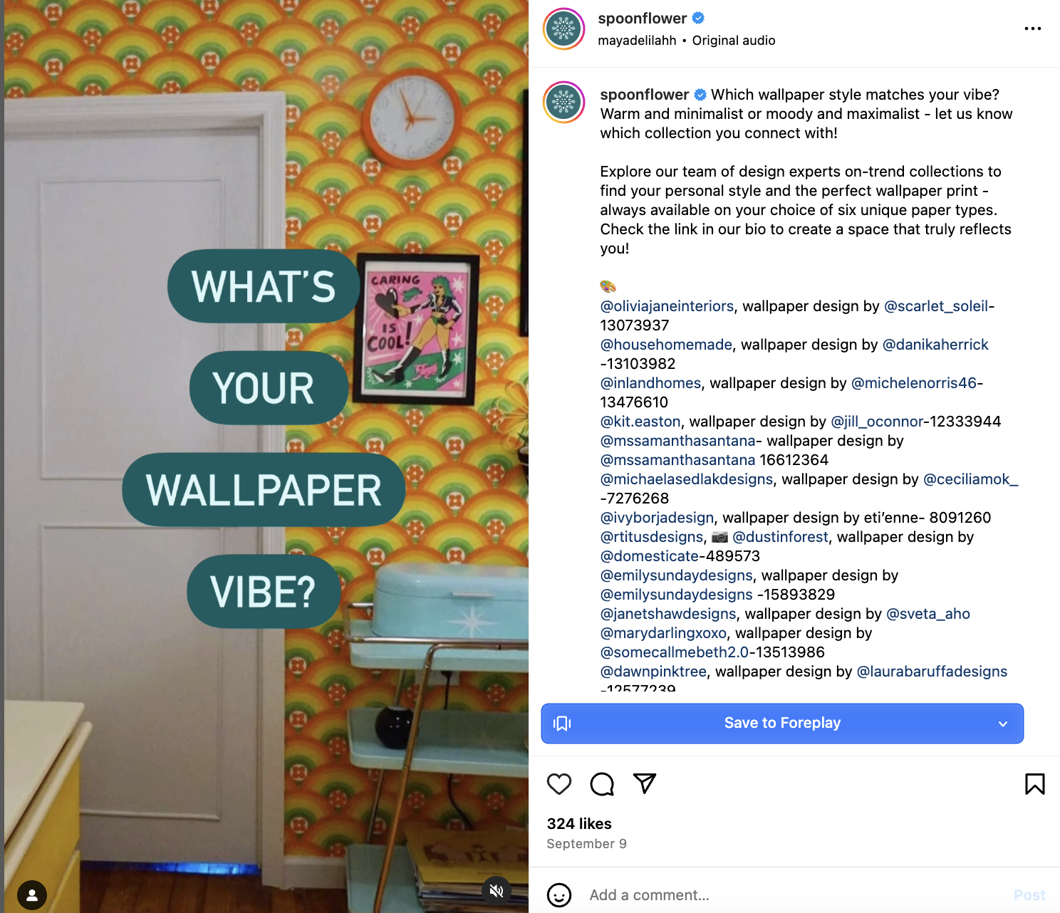 A still from an Instagram Reel of Spoonflower featuring vibrant yellow wallpapers set in a '70s styled room, and a text overlay that reads 
