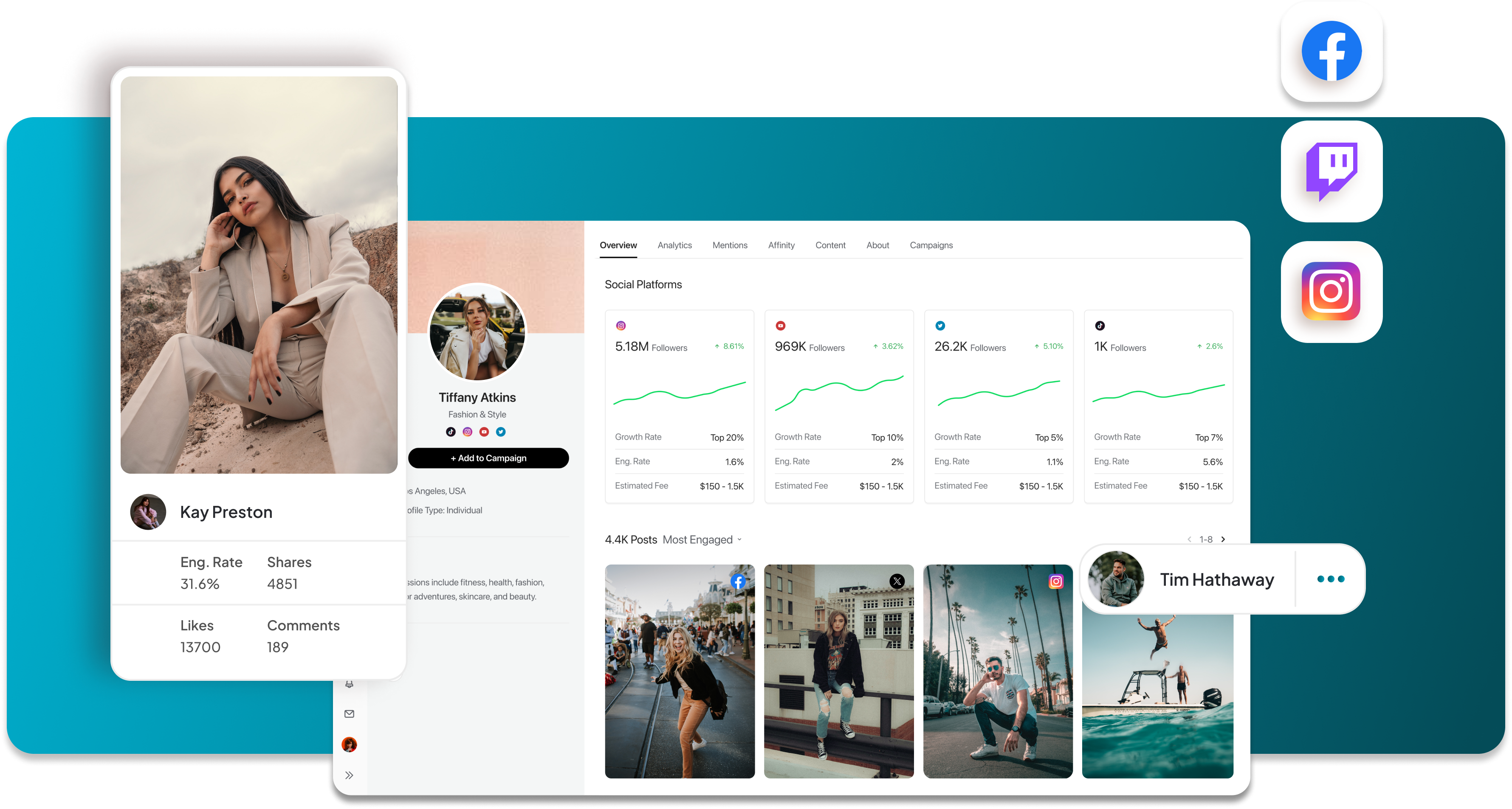 Tagger Media dashboard displaying engagement metrics for an influencer with another influencer profile expanded