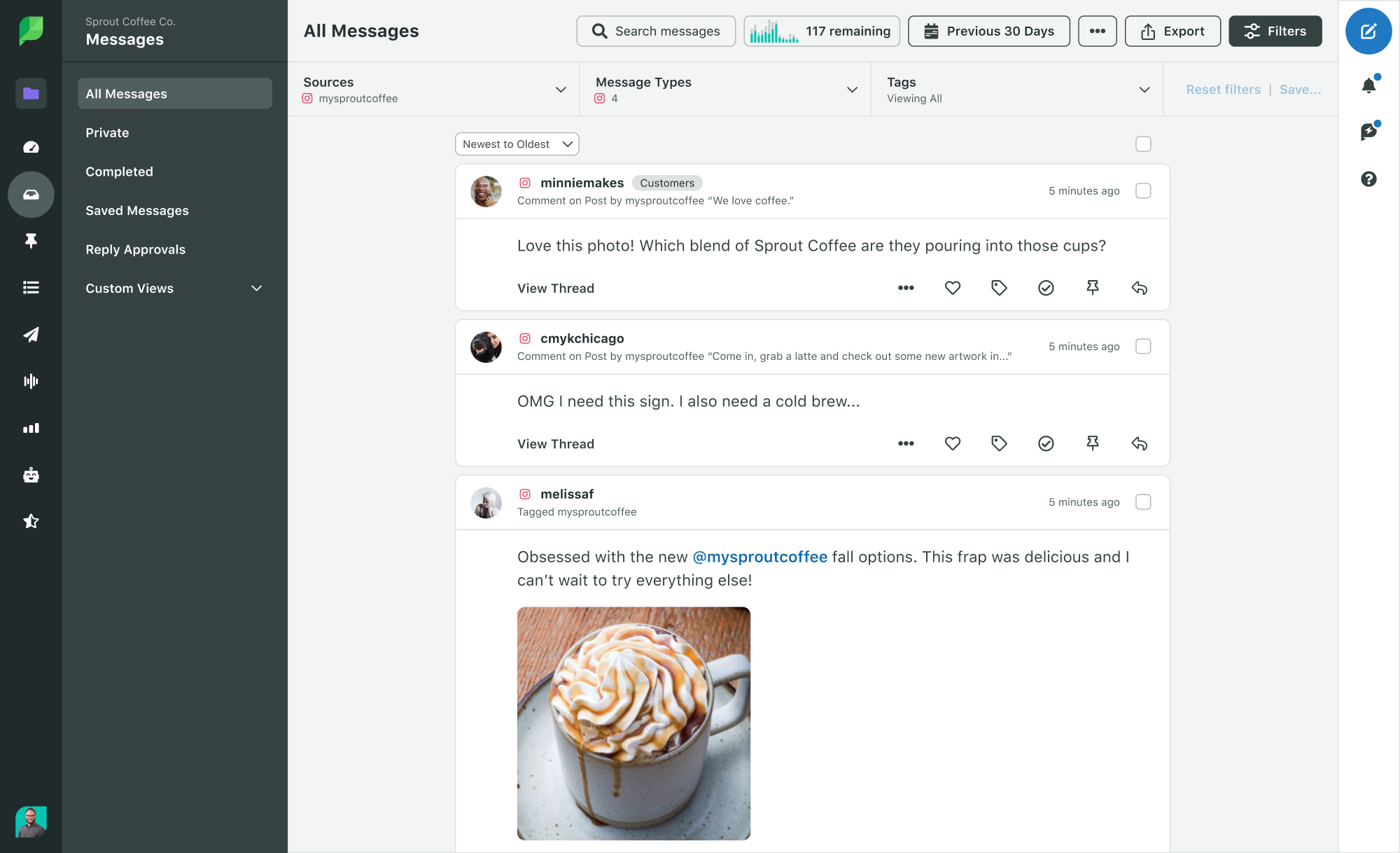 Sprout Social Smart Inbox displaying a list of Instagram comments and messages, allowing the option to check off each