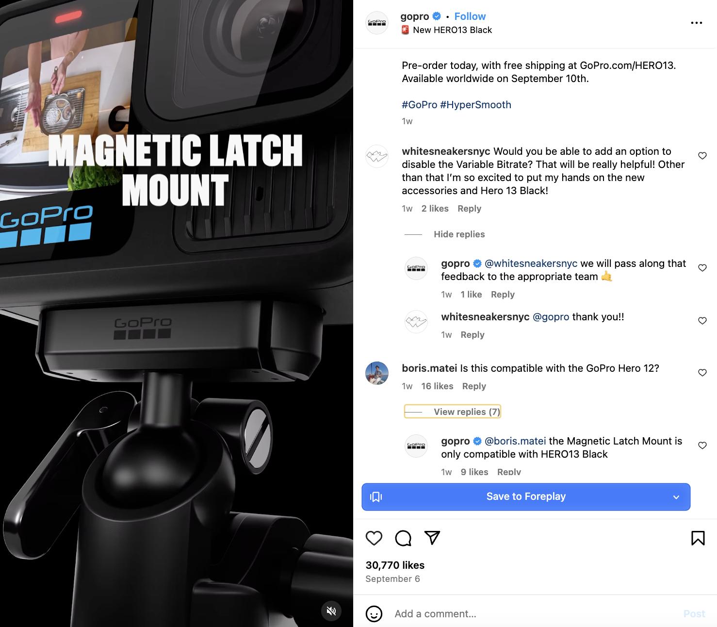 A GoPro Instagram post illustrating the new HERO13 Black with comments inquiring about compatibility and GoPro answering them