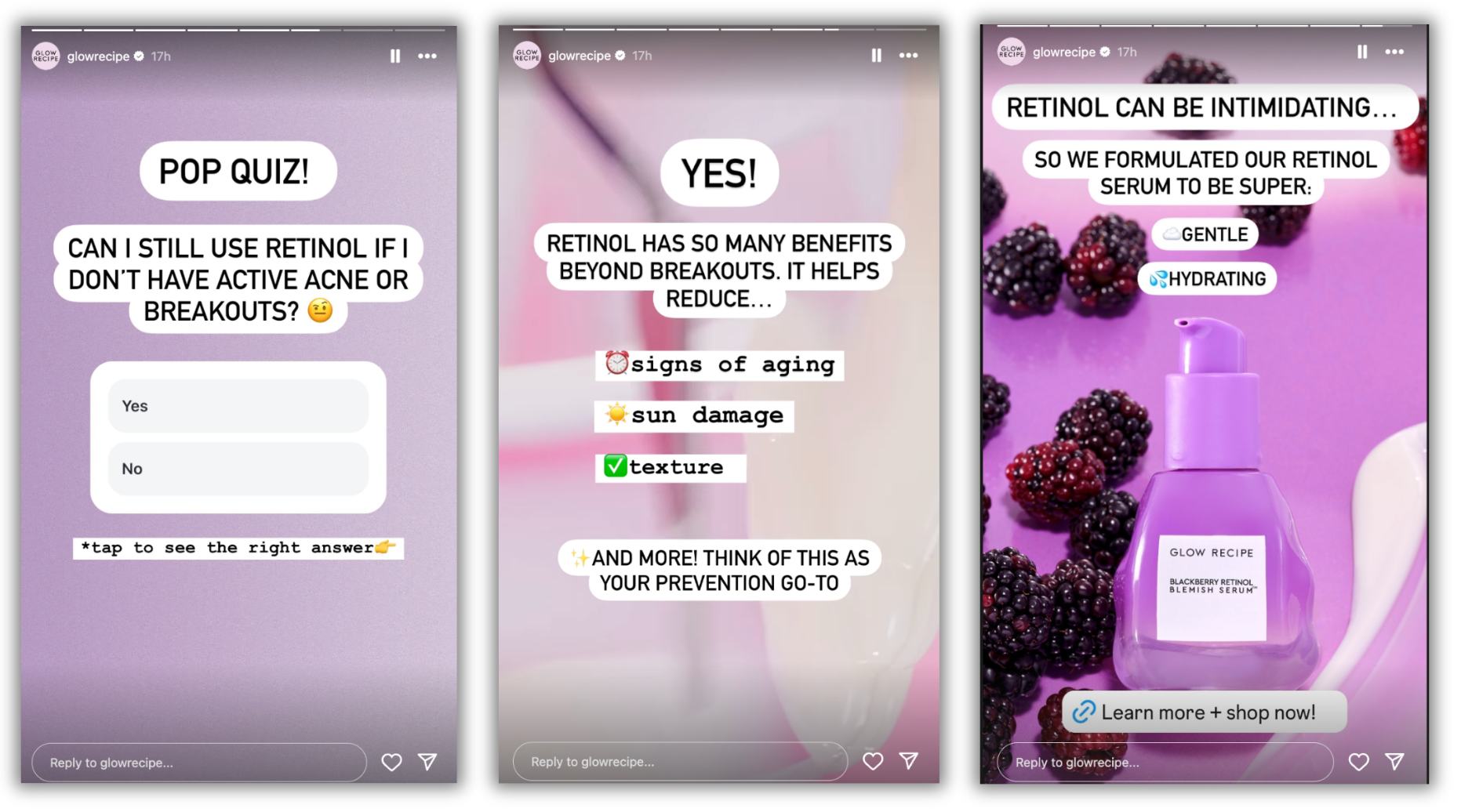 A series of Instagram Stories from Glow Recipe displaying a pop quiz about retinol, followed by the solution and a concluding Story featuring a purple Glow Recipe retinol bottle with a text overlay stating 