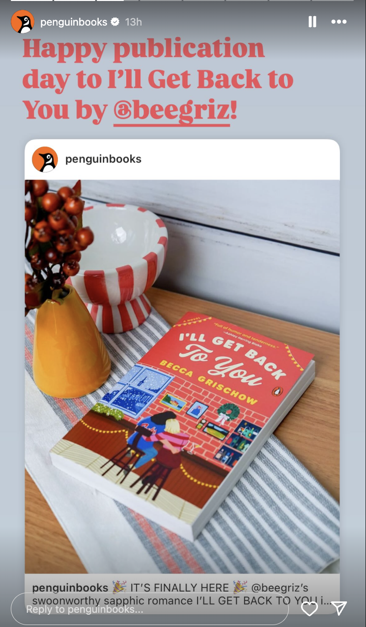 An Instagram Story from Penguin Books displaying a Feed post featuring a book titled 