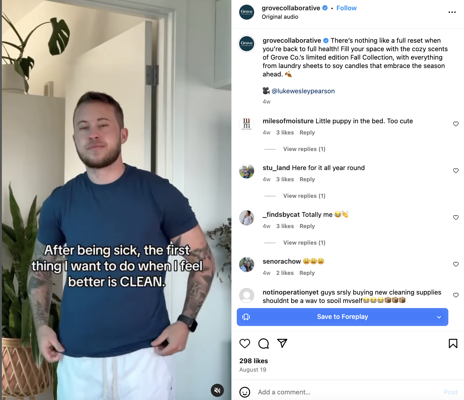 An Instagram Reel screencap showing a man in a navy blue t-shirt addressing the camera, with a text overlay that states 
