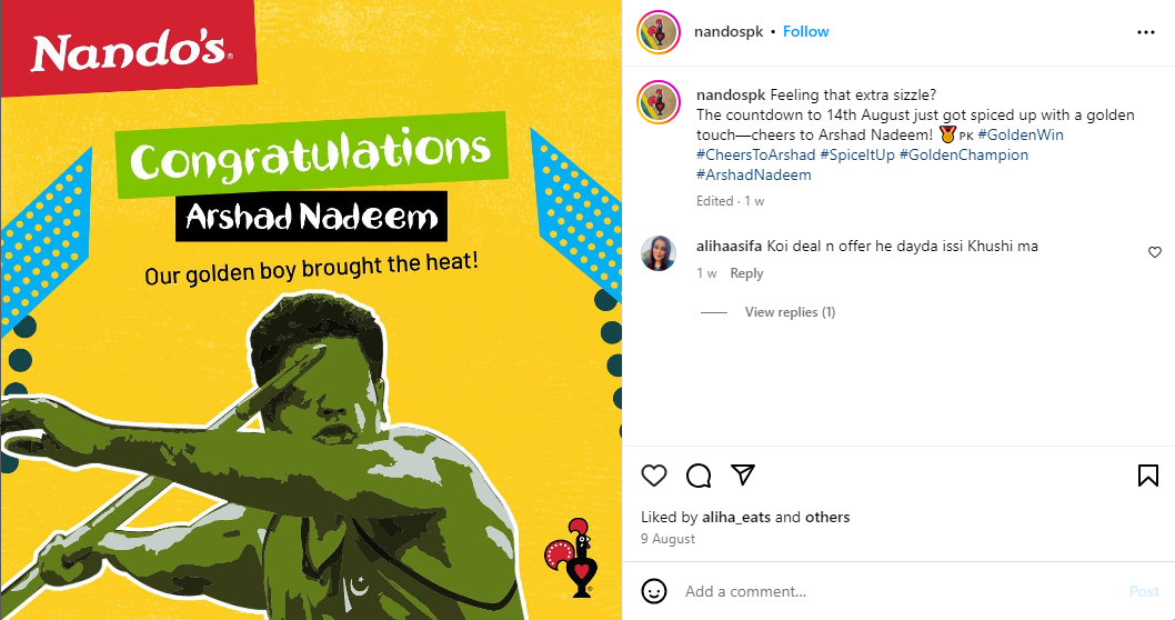 Nando’s Pakistan Instagram account celebrating a gold medal victory for a Pakistani athlete