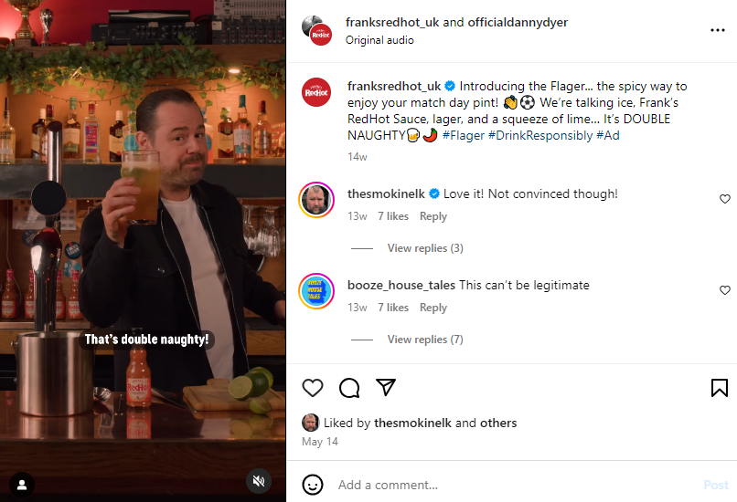 An Instagram post from UK celebrity influencer Danny Dyer partnering with Frank’s RedHot sauce for a campaign