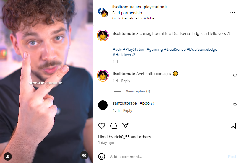 Playstation Italia’s influencer collaboration post on Instagram tailored for regional clients