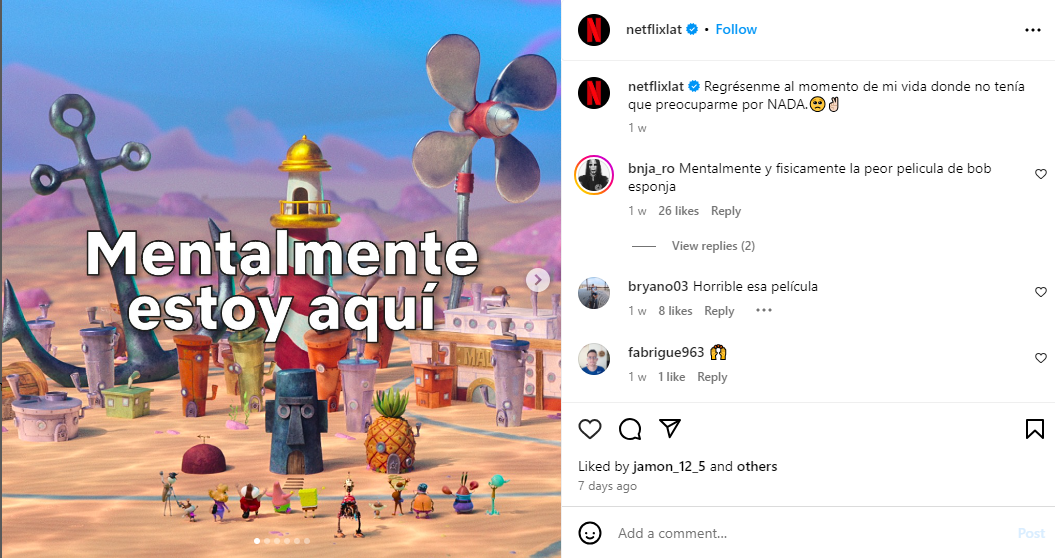 Netflix’s Latin American account utilizing the Mentally I’m here meme for Instagram content