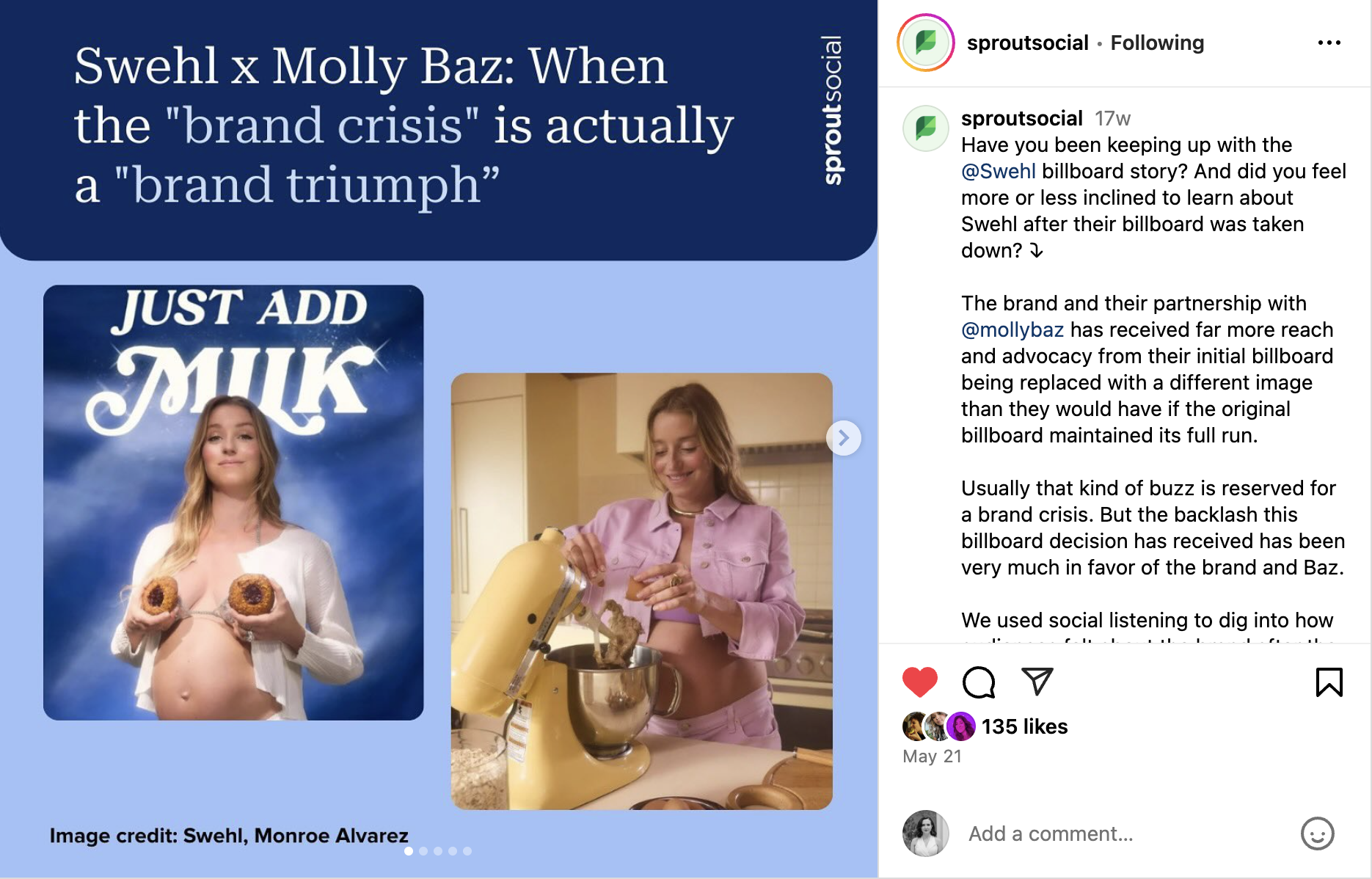 An Instagram Carousel from Sprout Social deep-diving the Swehl x Molly Baz collaboration and internet reaction