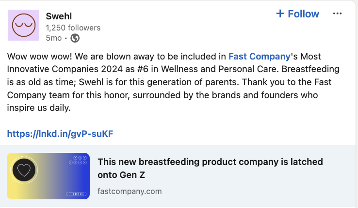 A LinkedIn post from Swehl that celebrates the brand being named to Fast Company's Most Innovative Companies list