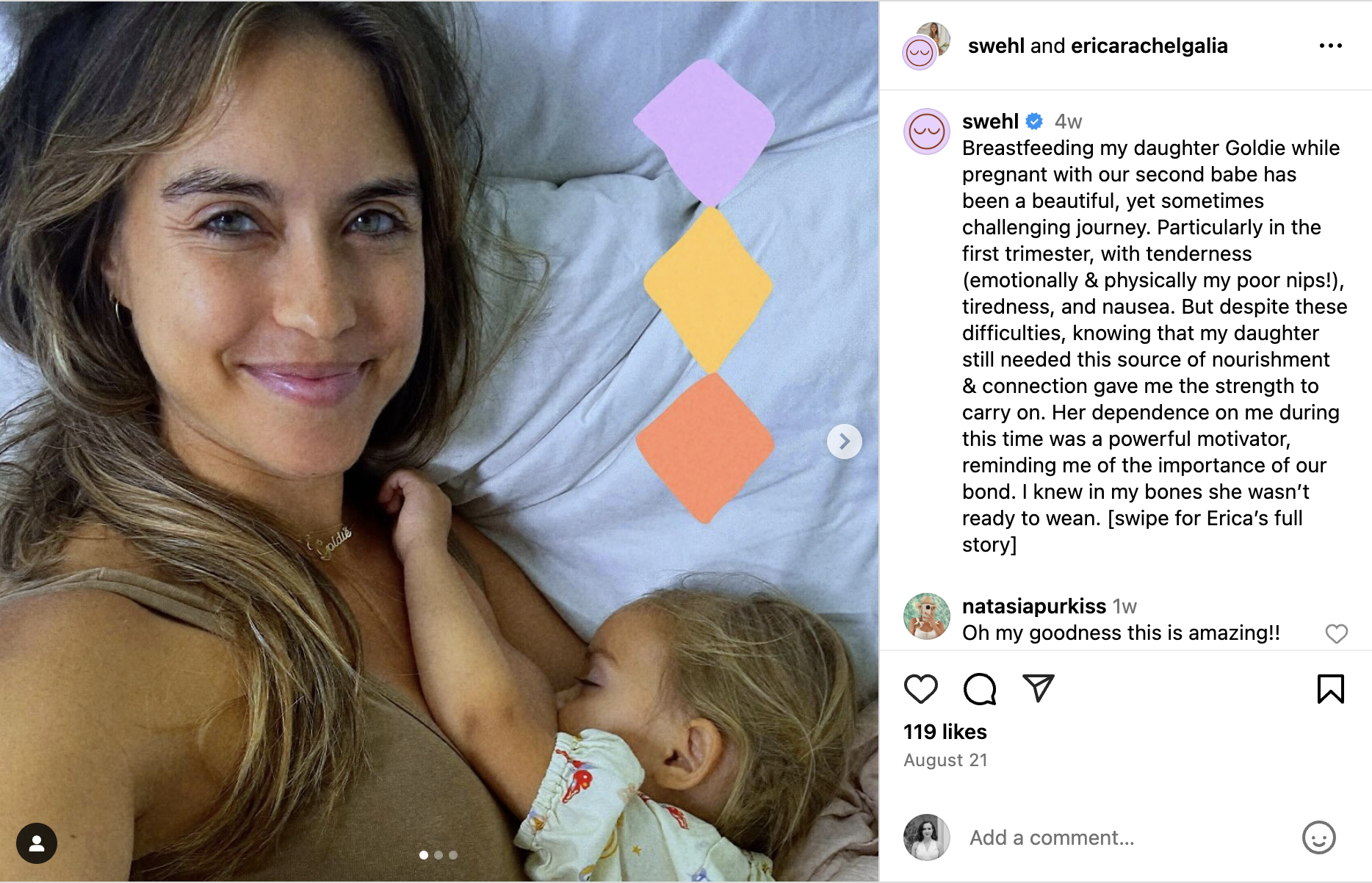 An Instagram Carousel from creator Erica Rachel Galia and Swehl about Erica's breastfeeding journey