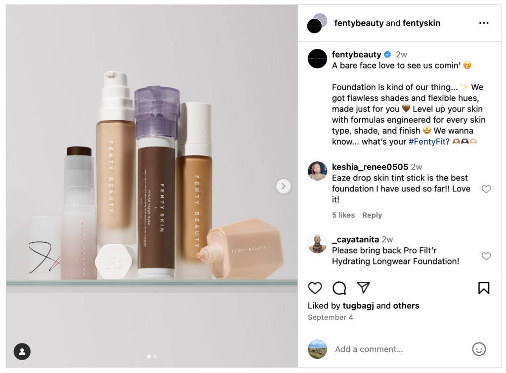 Fenty Beauty Instagram post showcasing comments reflecting how its target audience perceives its products.