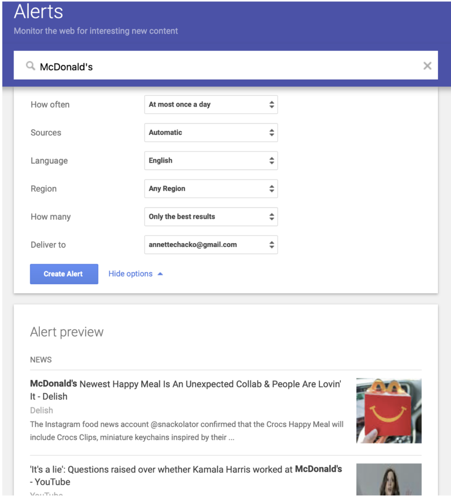 Google Alerts search interface to track specific mentions or trends using keywords.