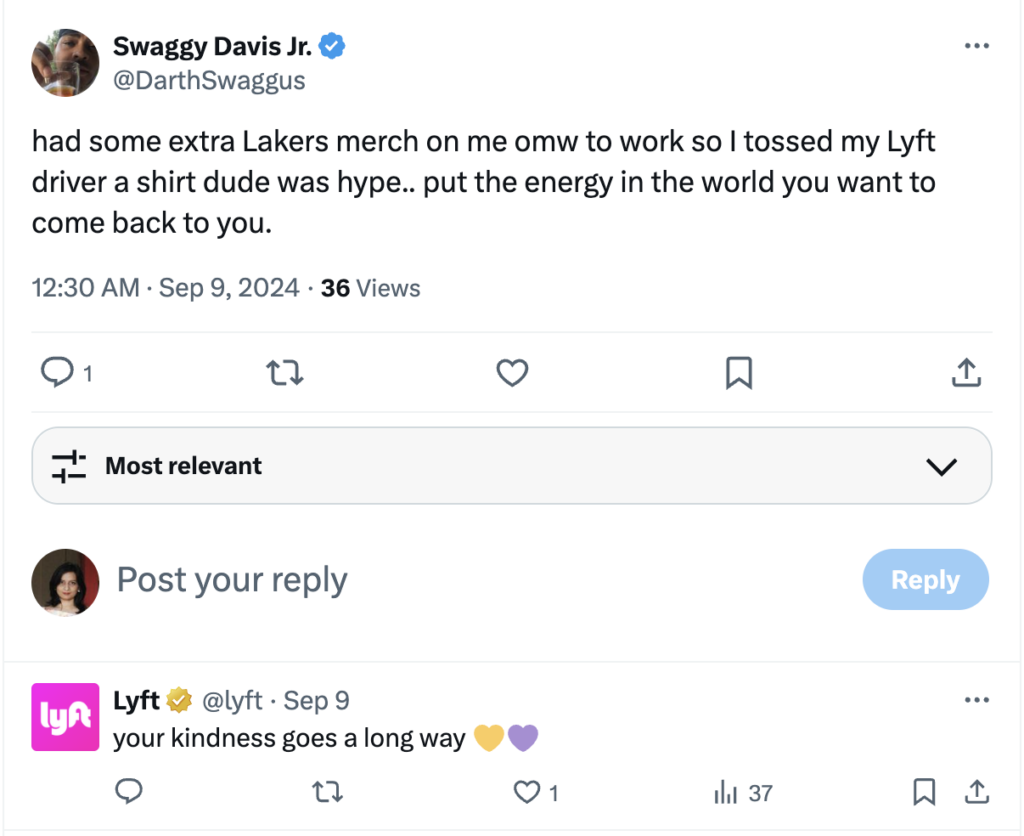 An X post illustrating Lyft responding to a customer's positive remark about the service.