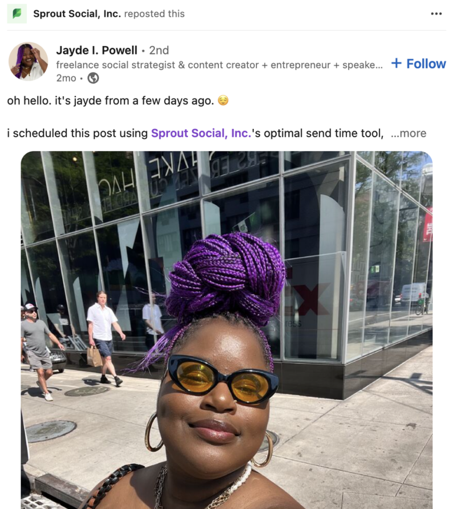 A post by influencer Jada Powell demonstrating how she utilized the Sprout tool to schedule her posts based on Optimal Send Times.