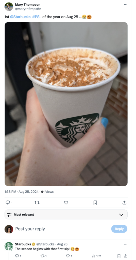 An X post showcasing a customer celebrating her first Pumpkin Spice Latte of the year.