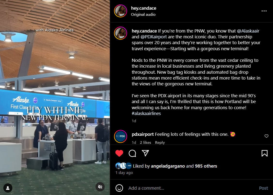 A Reel on Candace Molatore's Instagram feed, showing the Portland Oregon Airport.