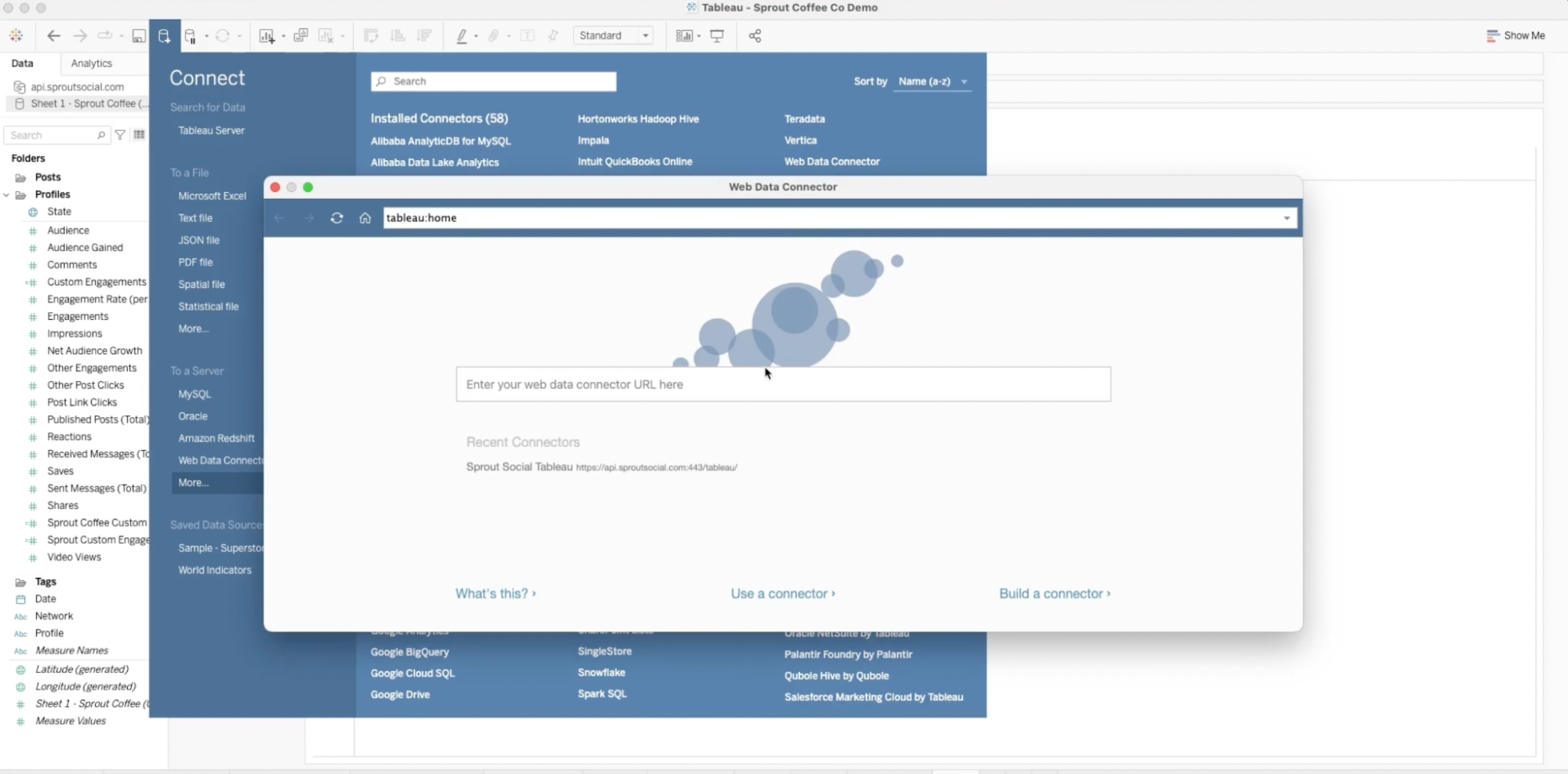 The image shows the pop-up screen that requests your Web Data Connector. You'll encounter this after using your Sprout API token to establish the Tableau Connector and then log into Tableau.